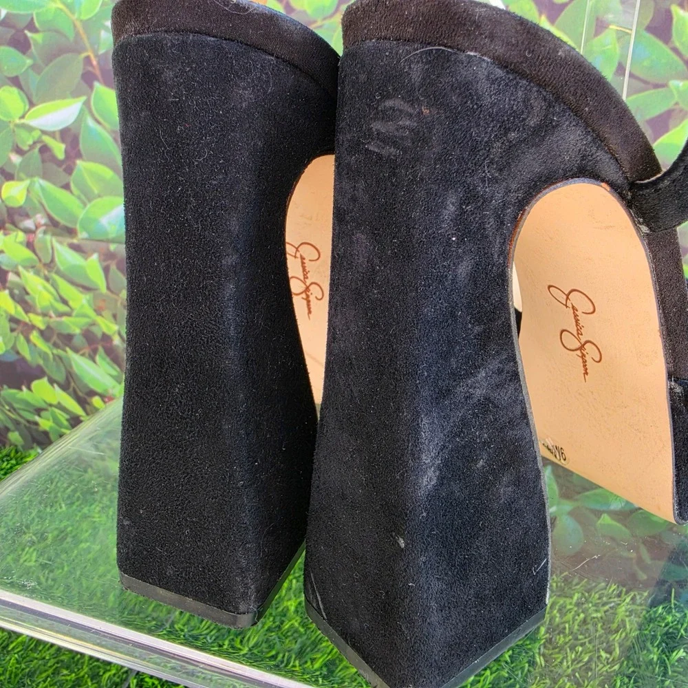 Jessica Simpson Black Suede Platform Flared Block Heel Ankle Strap Pumps Size 9M